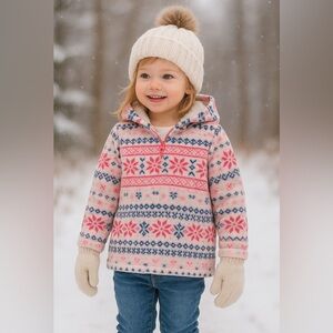 Carter’s Girls Fair Isle Fleece Hoodie 2T Pink Snowflake Sherpa Lined Pullover